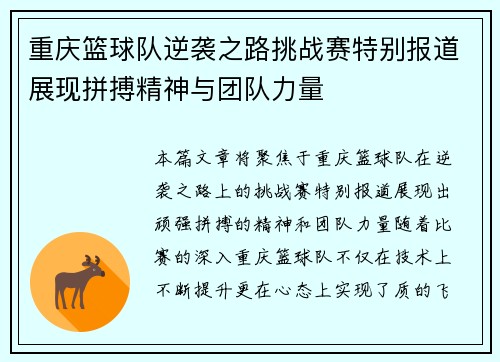 重庆篮球队逆袭之路挑战赛特别报道展现拼搏精神与团队力量